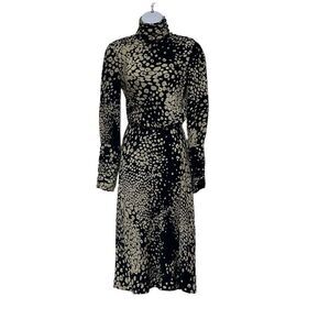 Tuleh Black Gold Animal Leopard Print‎ 100% Silk High Neck Blouson Midi Dress XS